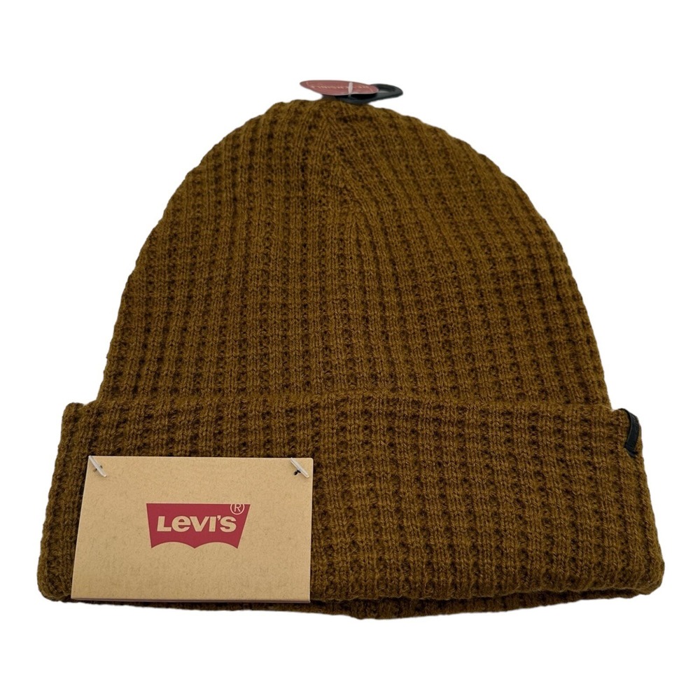 NWT Levi's Men's Reversible‎ Waffle Knit Beanie Cuffed Hat Cap Beige Winter OSFA